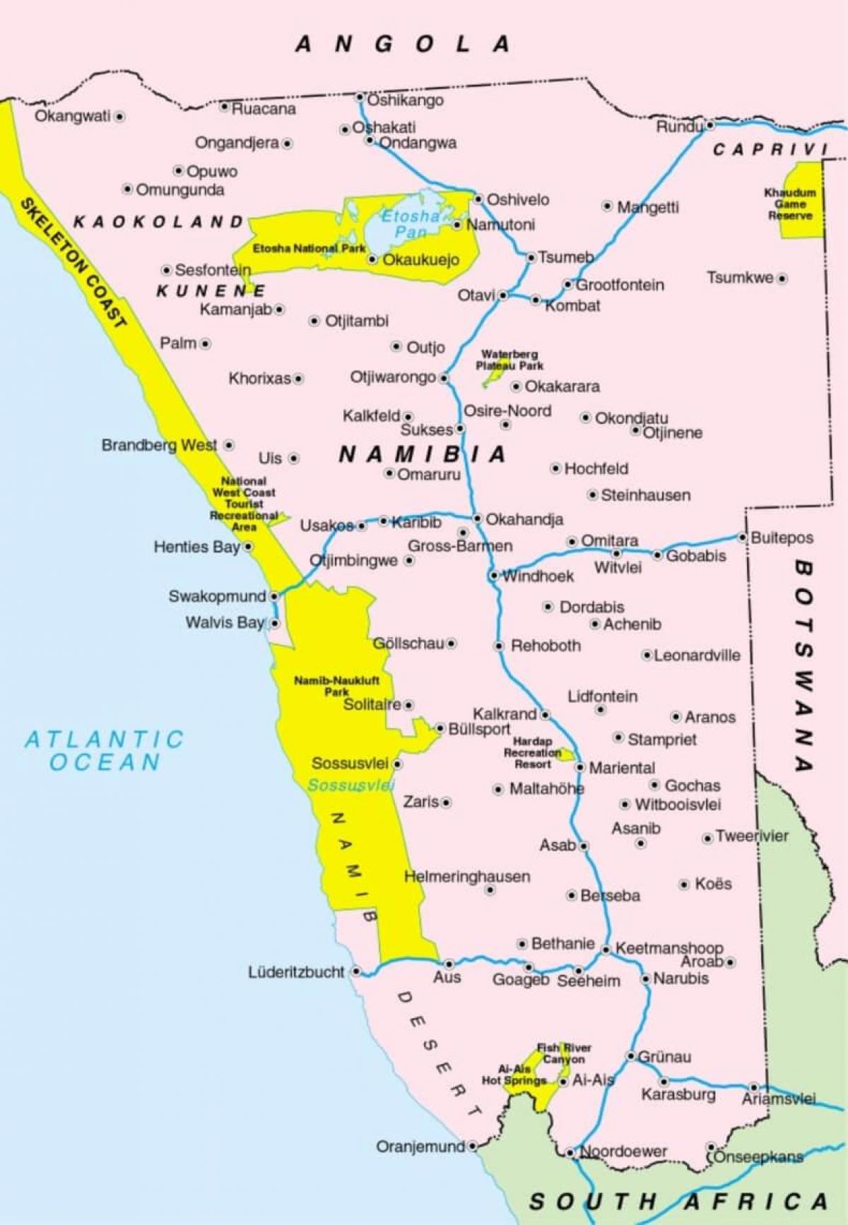 Kart av Namibia som viser byer