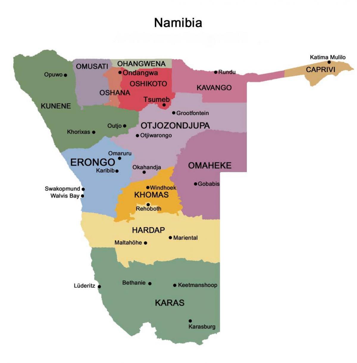 Kart over Namibia med regioner
