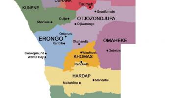 Kart over Namibia med regioner